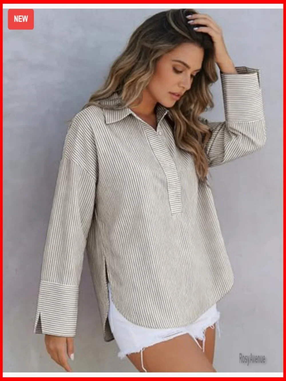Oversized Striped Button Down Henley Shirt Long Sleeve Blouse - Picture 5 of 7